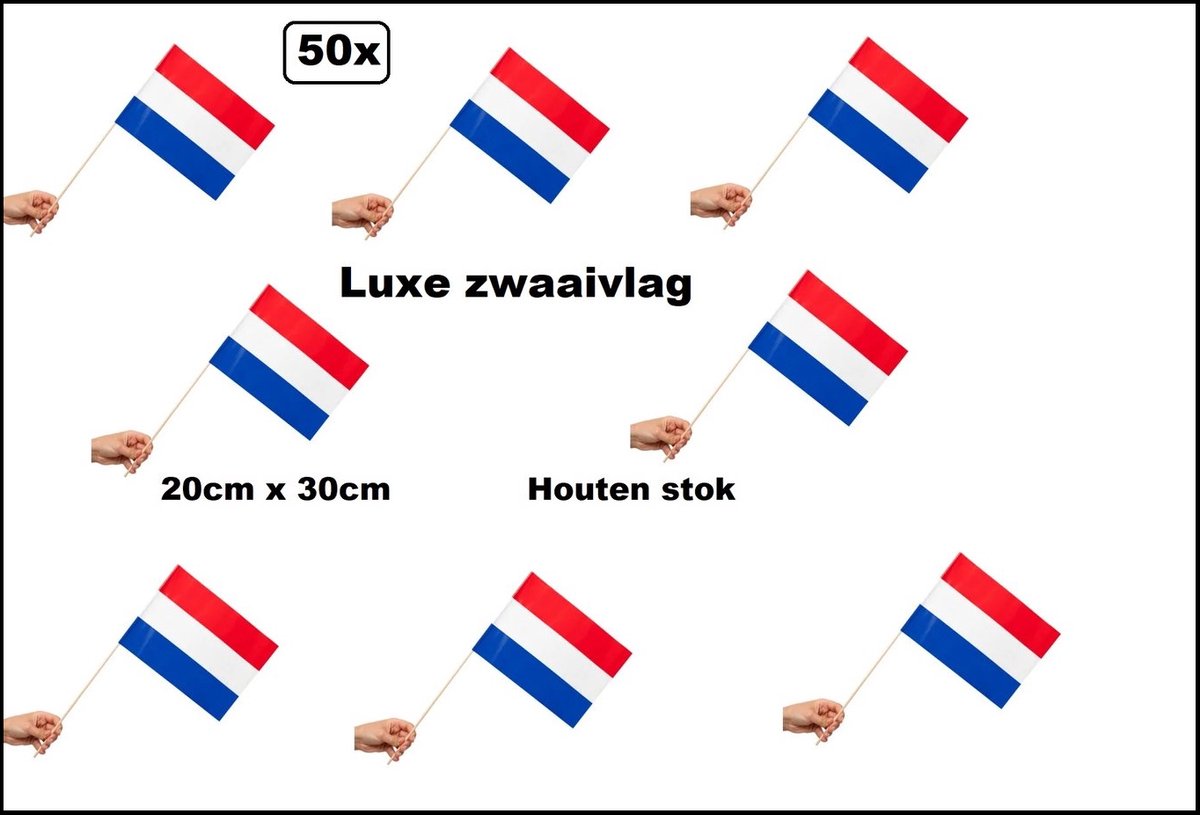 50x Luxe Zwaaivlaggetjes op houten stok Nederland 30cm x 20cm - stok 50cm - Zwaai vlaggetjes Koningsdag WK thema feest voetbal festival uitdeel