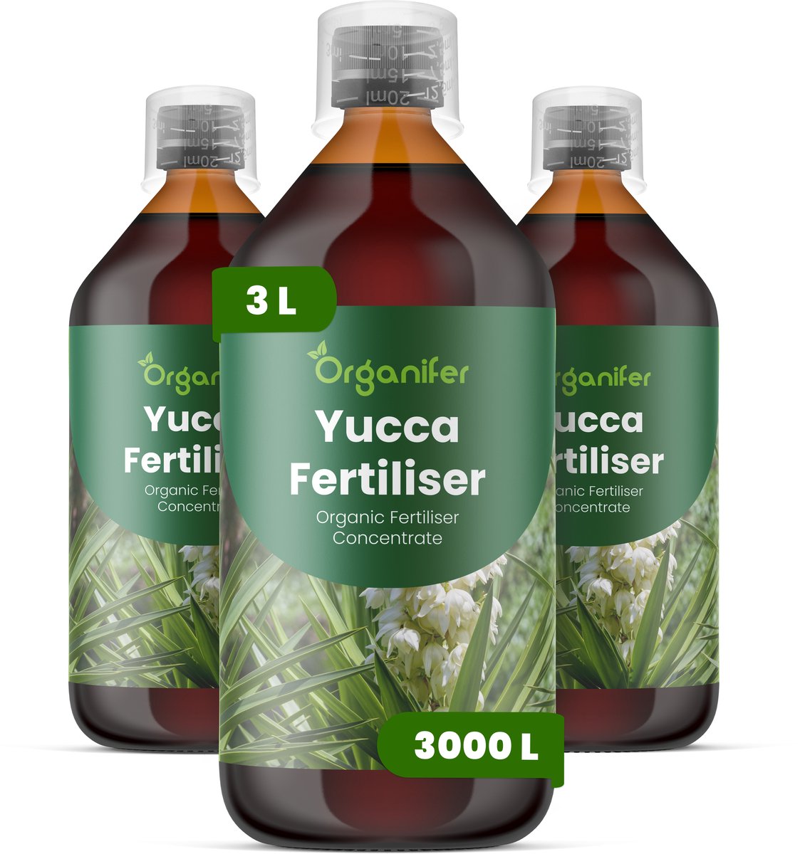 Vloeibare Meststof Voor Yucca - 3X1 L Voor 3000 L - Npk 3-4-3 - Versterkt De Natuurlijke Weerbaarheid Van Planten Tegen Droogte En Hitte - Geeft Een Prachtige Bladglans Voor Een Esthetisch Aantrekkelijk Resultaat - Jaarrond Toepasbaar - Organifer