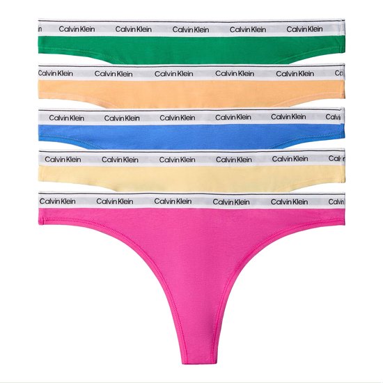 Set van vijf Calvin Klein string slips in groen, oranje, blauw, geel en roze, met witte logo-band.