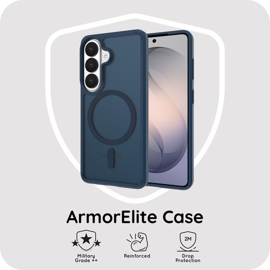 ArmorElite Case in donkerblauw met versterkte randen, MagSafe-compatibele cirkel en "Military Grade", "Reinforced", "Drop-Protection" iconen.