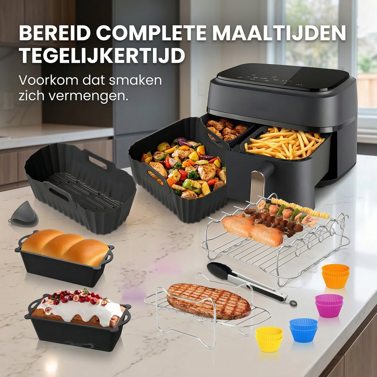 Somstyle Accessoires Set Geschikt voor Philips Dual Basket 3000 & 5000 Dubbele Airfryer - 23-Delig - Cup Cake Bakvorm - Heteluchtfriteuse Mandje - Zwart — afbeelding 3