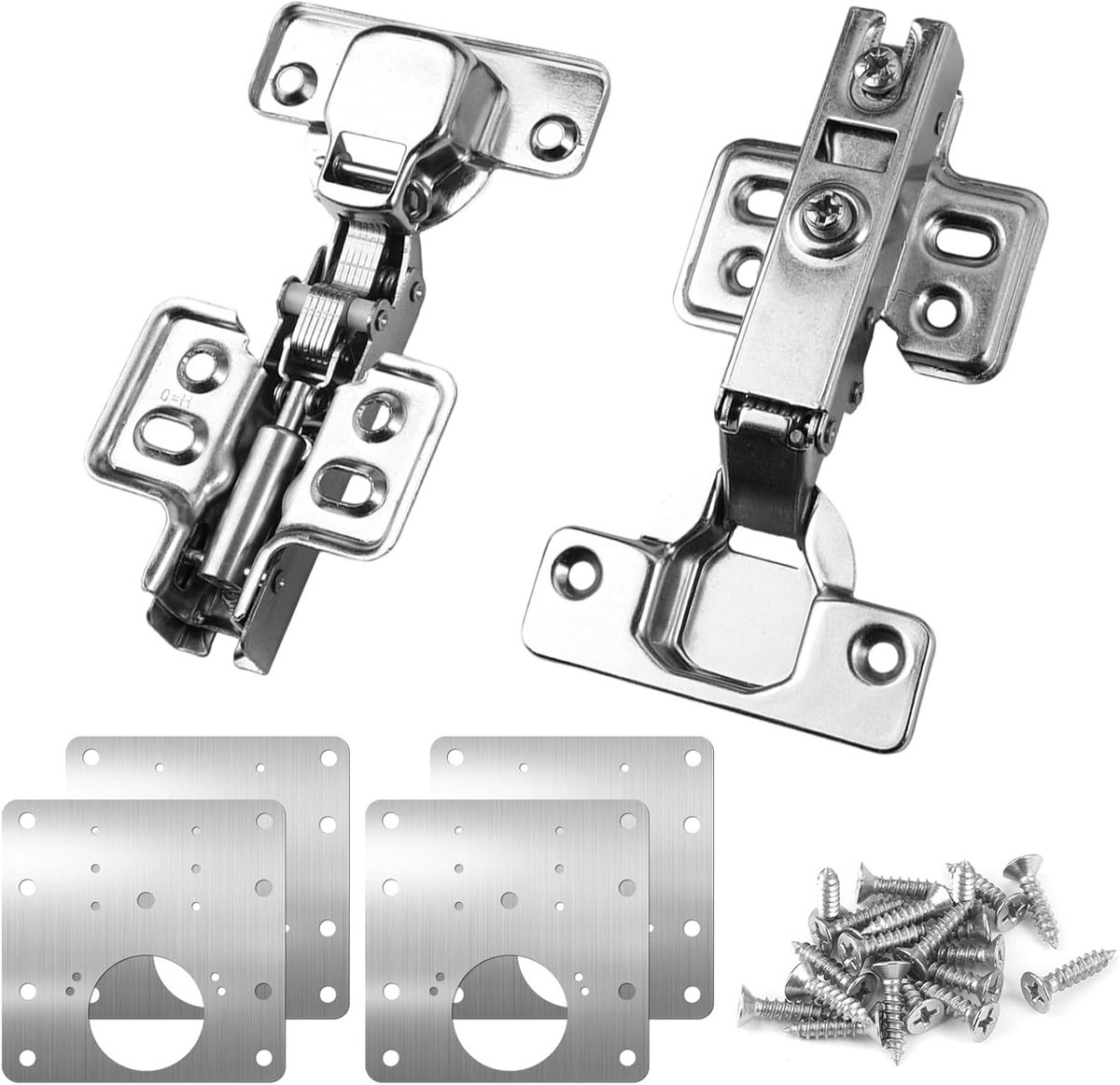 Set van 2 Soft Close Kastdeur Scharnieren met 4 Scharnieren, Reparatieplaat en 36 Schroeven, Geschikt voor Keuken- en Meubeldeuren met een Openingshoek van 110°