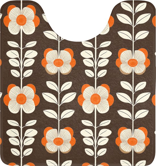Bruine WC-mat met uitsnijding en gedetailleerde retro bloemenprint in oranje en crème.