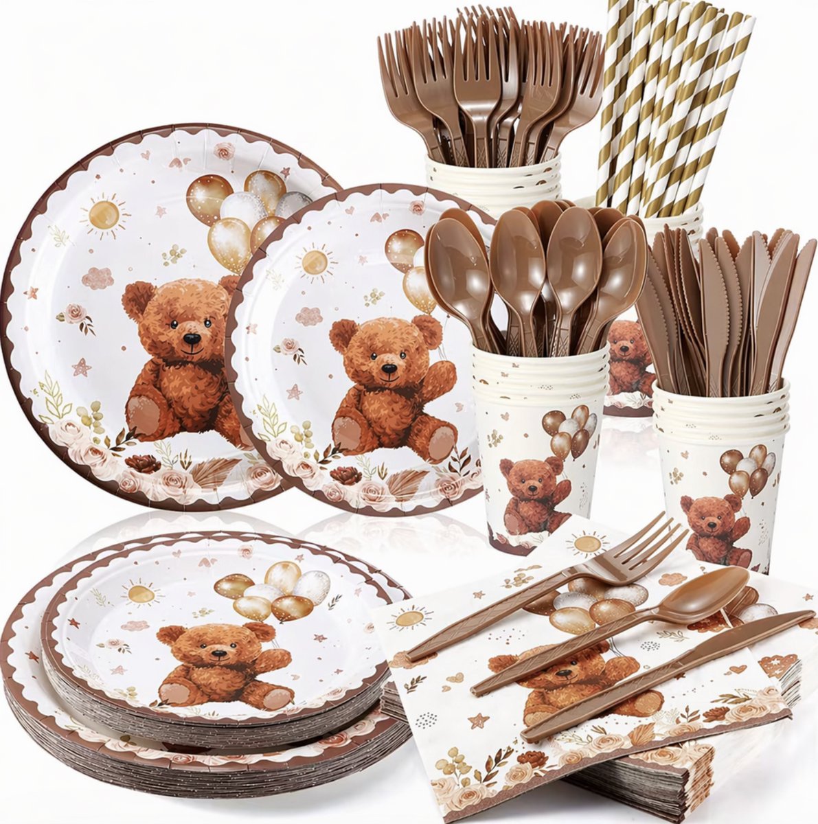 Baby First Birthday Set - 100 Stuks - Complete Set - 25 x Cups, Servetjes, Grote & Kleine Bordjes - Bekertjes - Feestversiering / Feestpakket - Hoge Kwaliteit - Teddybeer / Bears / Beertjes Thema - Kinderfeestje / Verjaardag Versiering