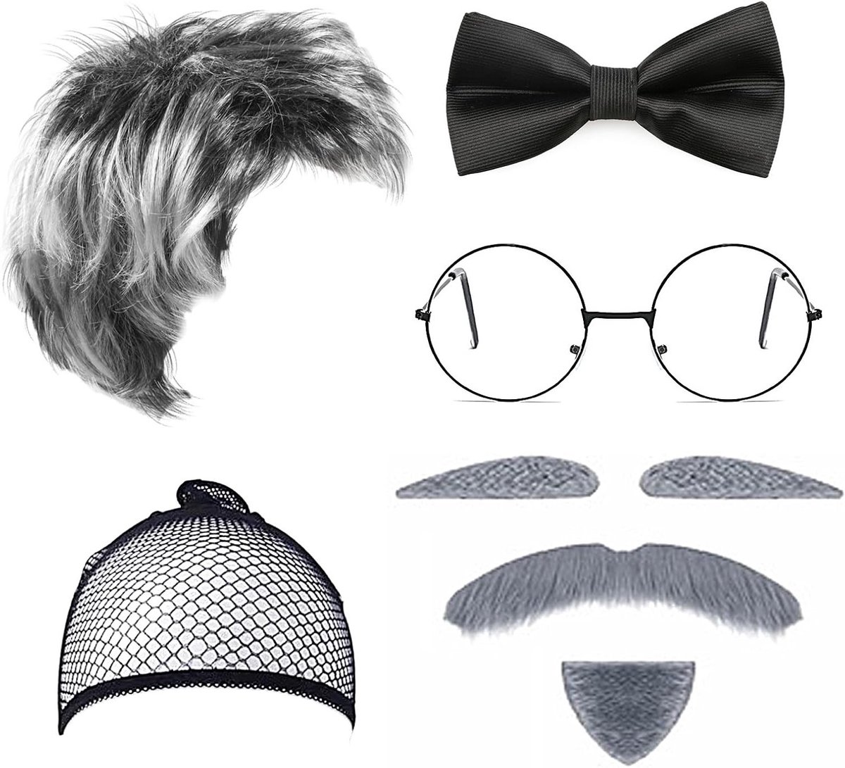 Oudeman Kostuum Accessoires Set, 8-delige Verkleedset met Grijze Baard, Wenkbrauwen en Bril voor Halloween en Cosplay Feestjes