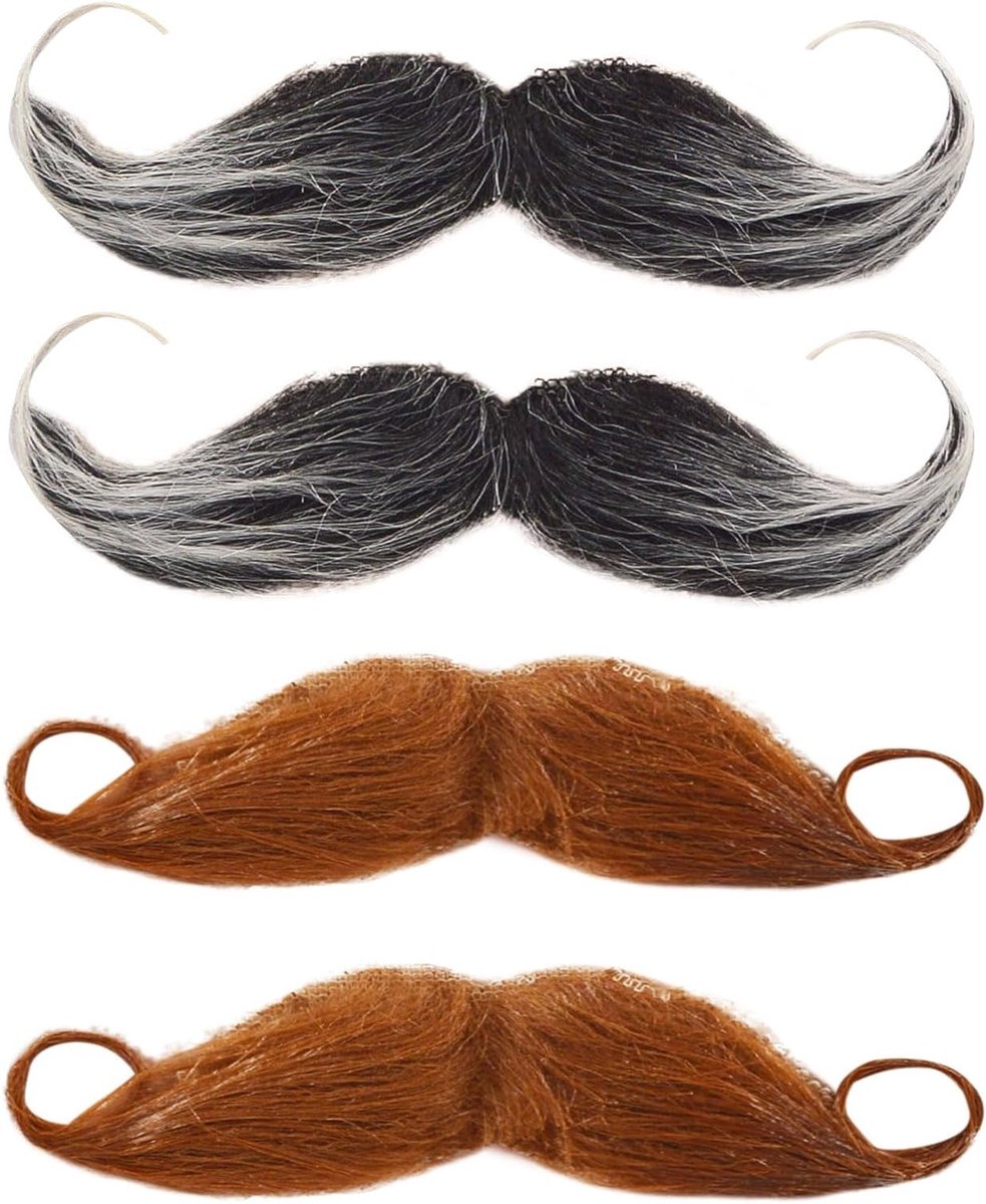 4 Stuks Nepbaarden en Nep Snorren Zelfklevende Krullende Snor voor Kostuum, Halloween en Feestjes (Bruin, Zwart)