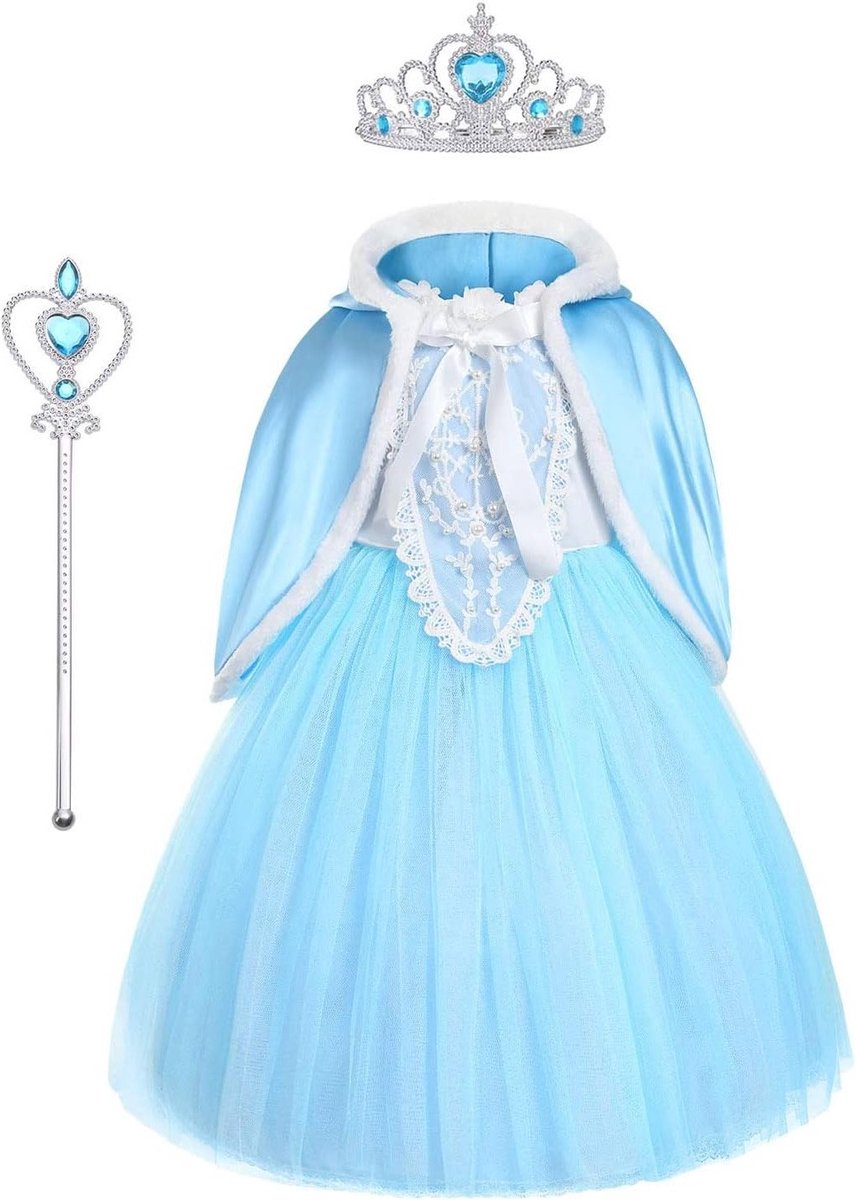 Meisjes Prinsessen Kostuum met Toverstok en Kroon, Inclusief Cape voor Feestjes, Halloween en Verjaardagen