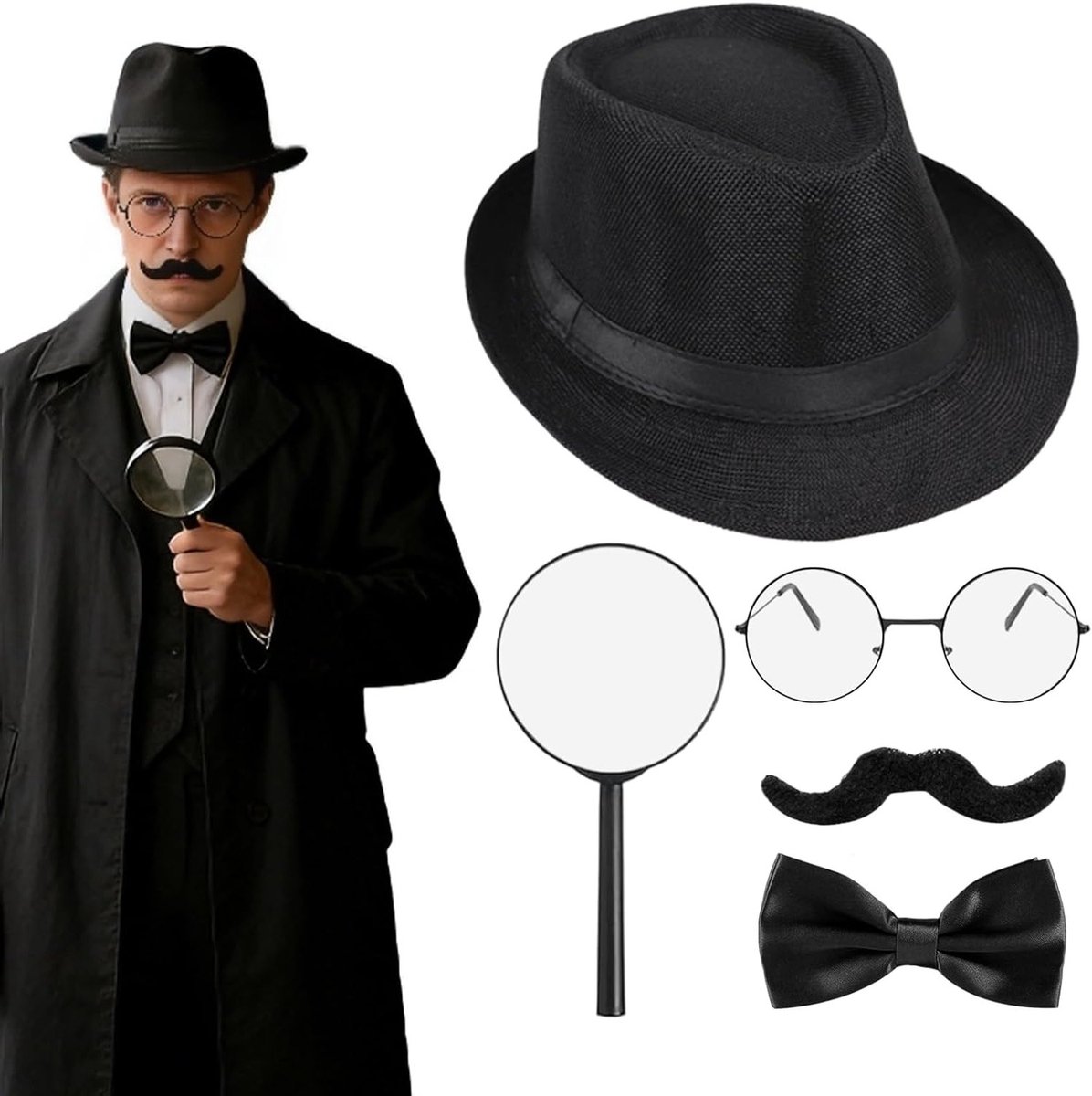 Detective kostuumset voor volwassenen met hoed, nep snor, vlinderdas, zwarte bril en vergrootglas voor Halloween en carnaval