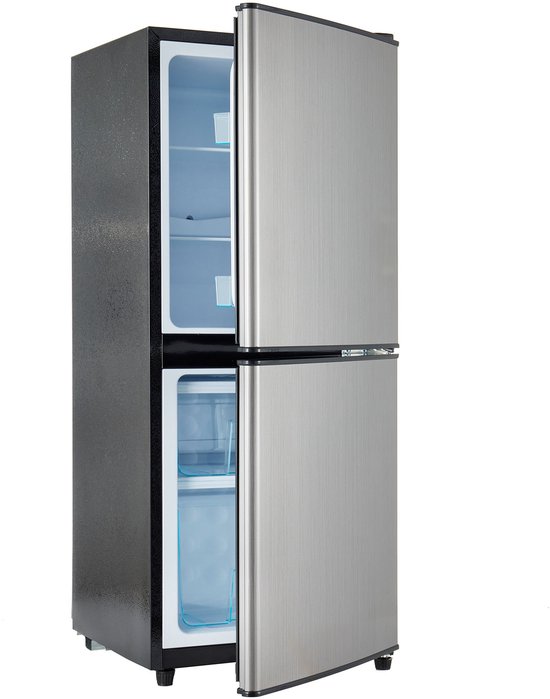 Compacte koelkast met vriesvak 106L (60L koel, 46L vries), stil 45 dB, energiezuinig 166 kWh, grijs-zilver