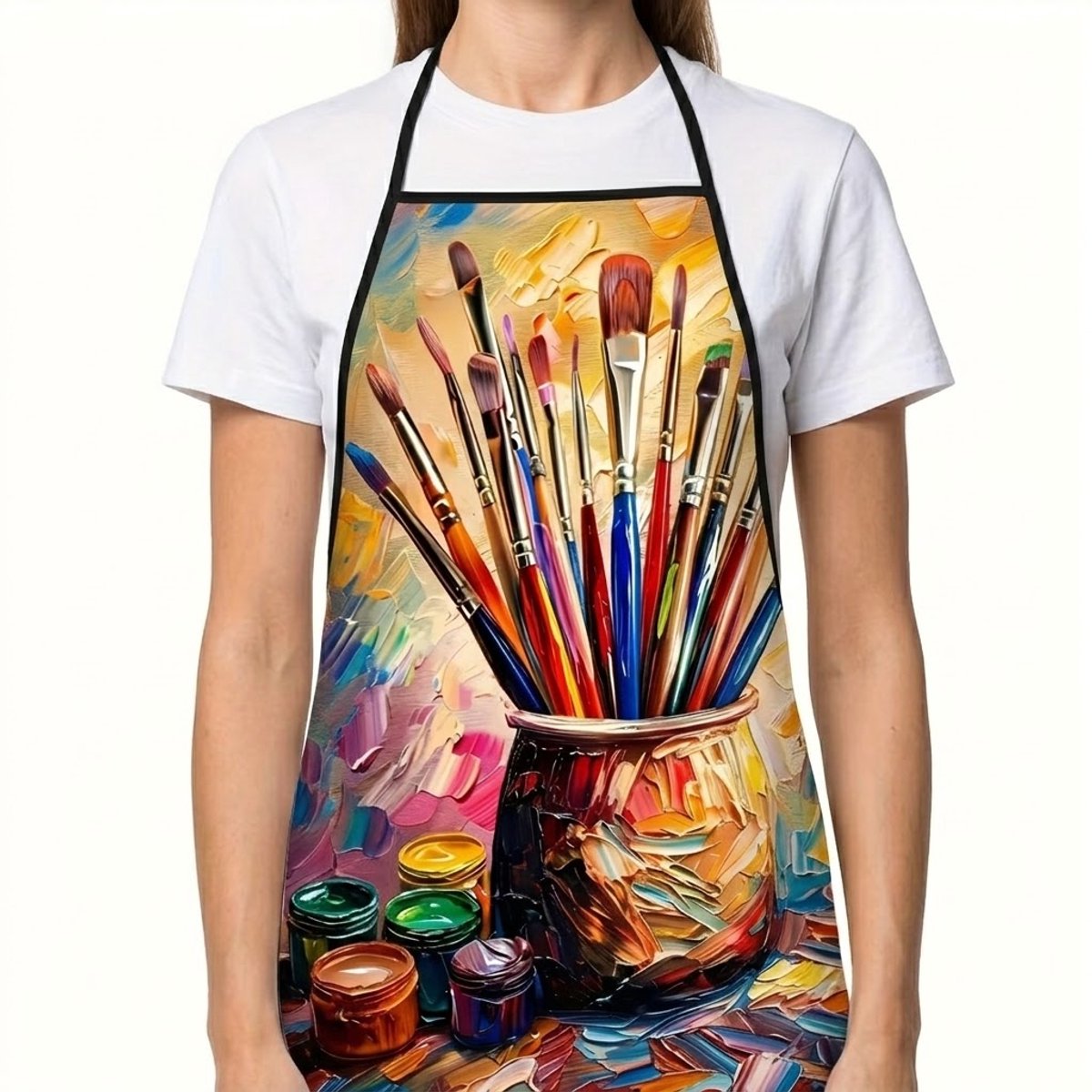 Multicolor schilders schort met verf en penselen print – schort voor dames en heren – verstelbaar nekkoord en tailleband – volledige bedekking keuken en schilder schort van polyester