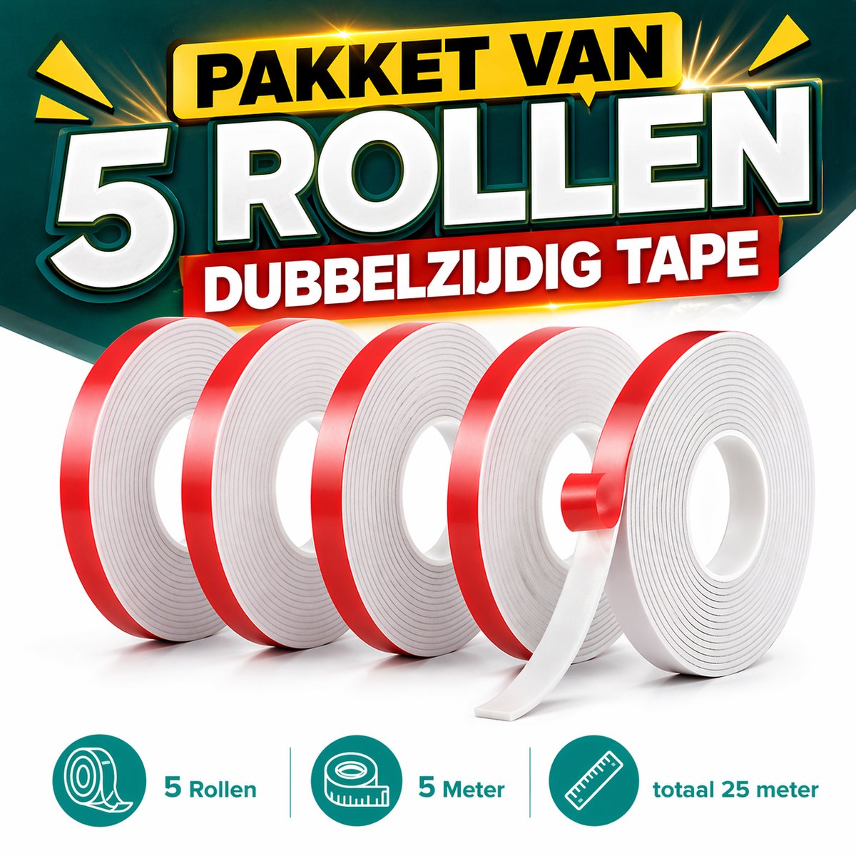 24ME® - Pakket van 5 rollen - 25 Meter Extra Sterk Dubbelzijdig PE Foam Tape - Wit - 20mm x 1mm - 5 Rollen Meter - Extra Sterke Kleefkracht