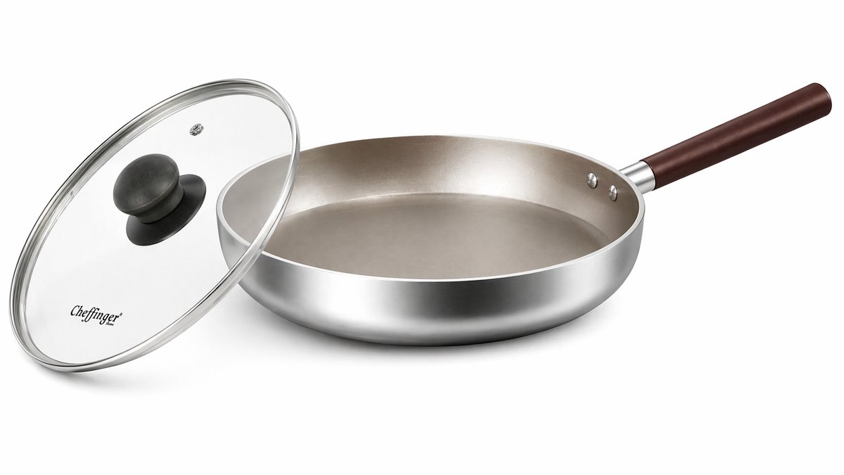 Cheffinger Koekenpan met Deksel - 20cm - Honingraat Antikras - Super Reliëf - Stof-Touch Handgreep met Houtlook - RVS