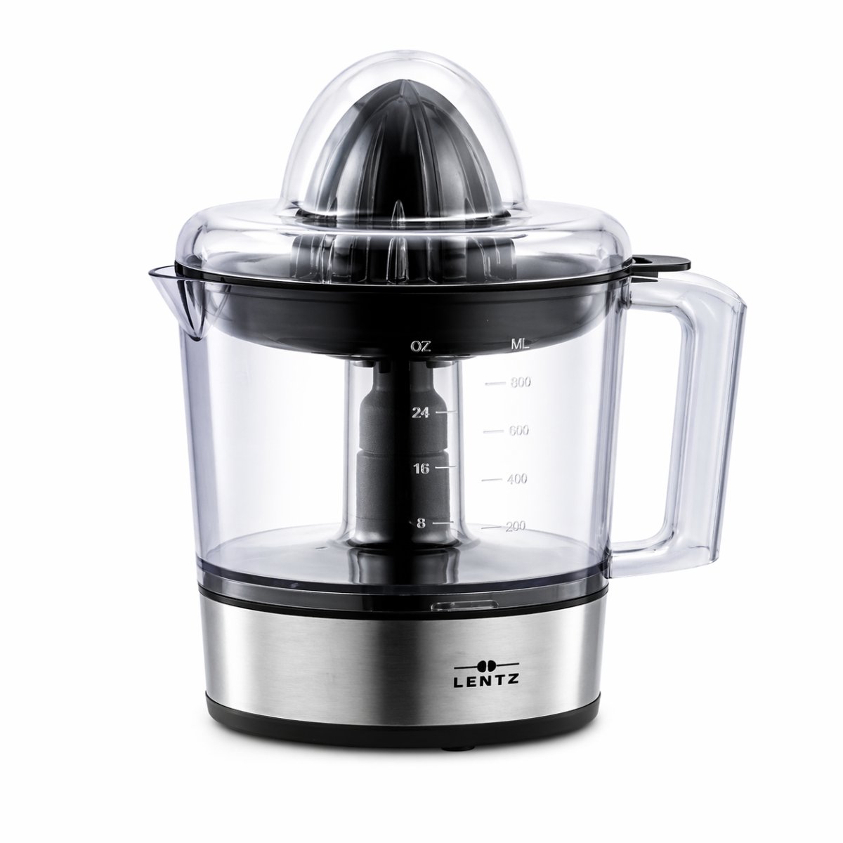 Lentz - Elektrische Citruspers 0,8L – Sinaasappelpers met 2 Perskegels, Automatische Rotatie Links/Rechts, BPA-vrij, RVS Design, Citruspers Elektrisch, Sapcentrifuge, Citruspers Machine, Anti-slip, 30W, Compact & Krachtig