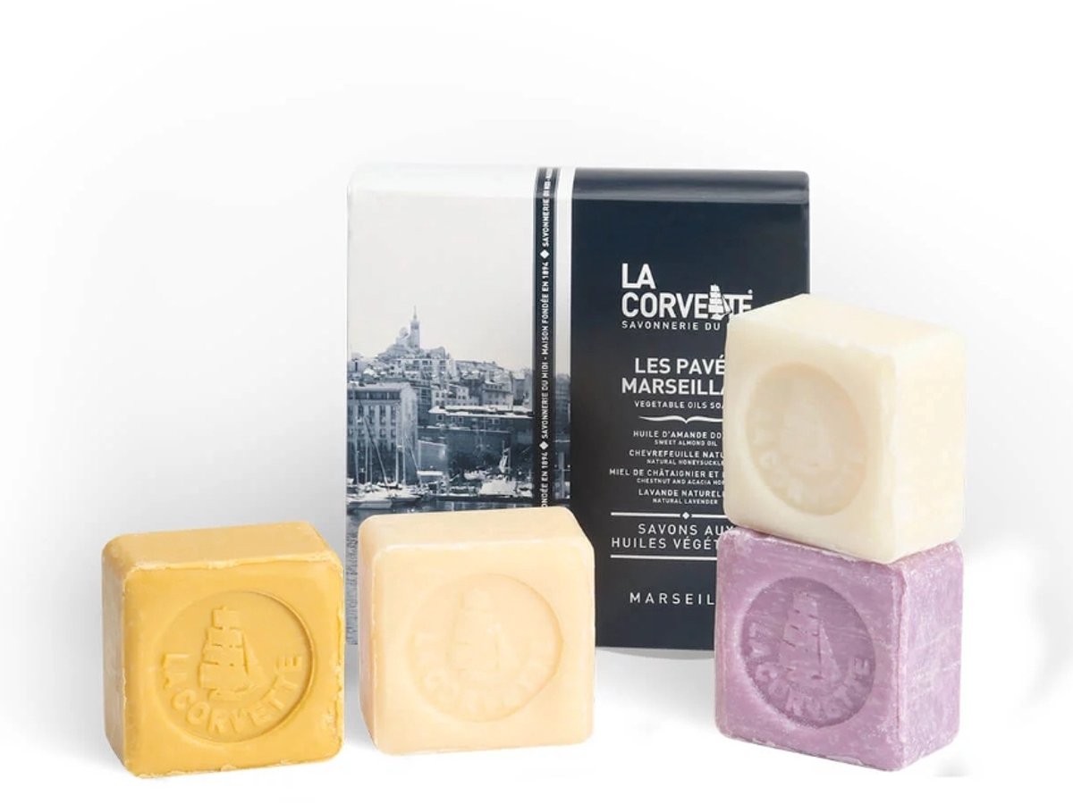 La Corvette - Marseille Zeep Set 4x100g – Lavendel, Kamperfoelie en Honing & Amandel - Giftbox - Body bar cadeau