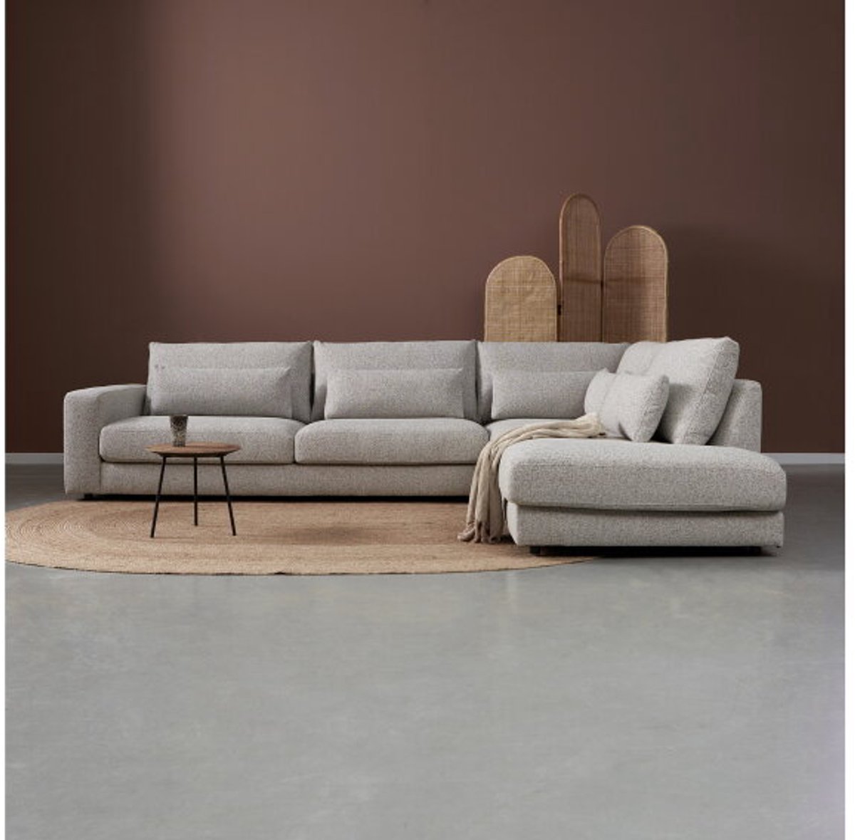 PEPP Interiors COMO hoekbank met ottoman rechts - stof Puente 09 lichtgrijs - 325x240x85 cm