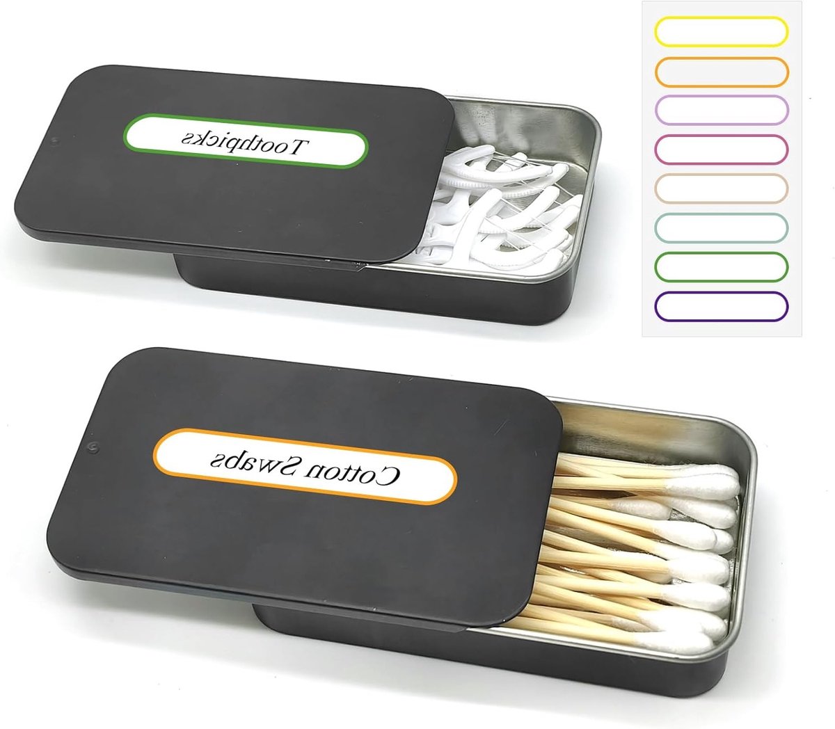 Reisdoos voor Wattenstaafjes - 2 Stuks Draagbare Metalen Houder voor Wattenbollen, Tandenstokers en Haaraccessoires, Compact en Handig voor Op Reis, Zwart 95x55x18mm