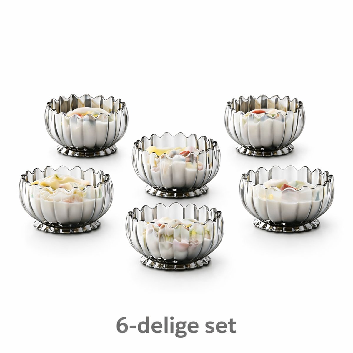 Shine Dessert snack Schaaltjes Set van 6 - 250 ml – Glazen Kommetjes – Dipschaaltjes – Luxe Design – Ø 10 cm