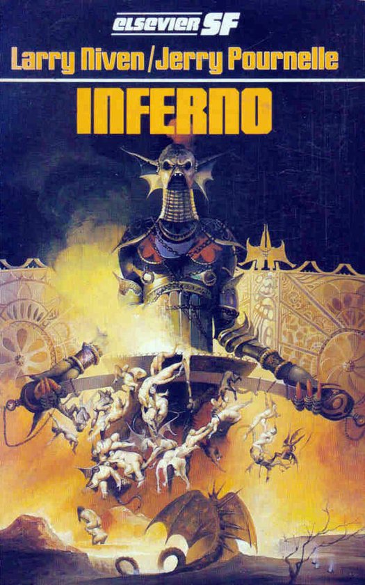De cover van het boek Inferno toont een demonisch wezen met harnas, omringd door vallende zielen in een vurige omgeving. Titel 'INFERNO' in gele letters.