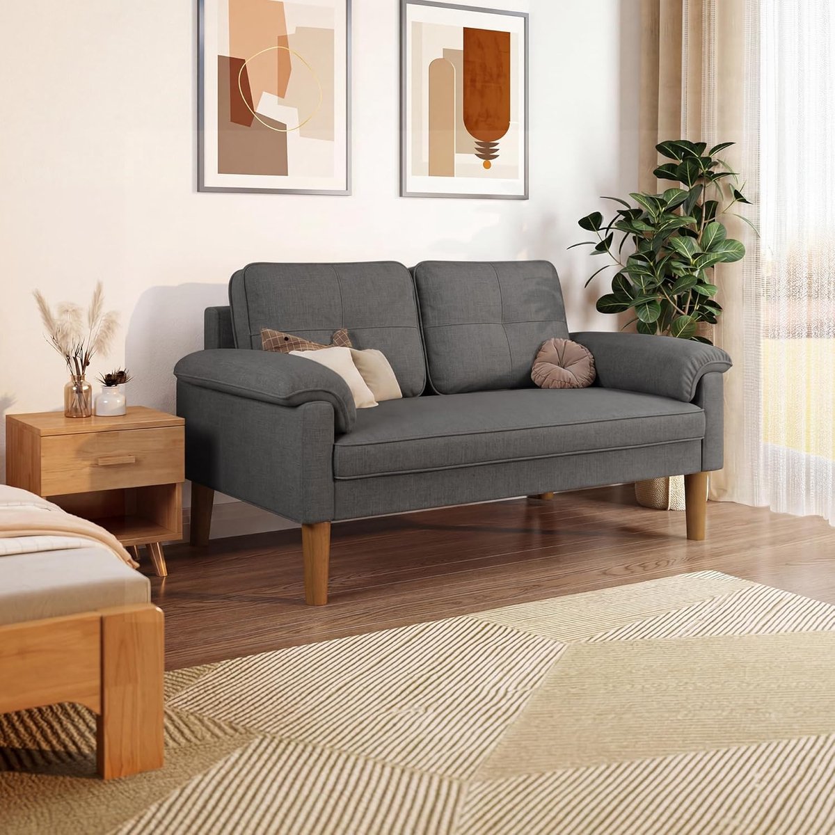 2-zits bank 145x77x77 cm – compacte loveseat met armleuningen, zijvakken en kussens – moderne stoffen bank voor woonkamer, appartement of kantoor – donkergrijs – Laura
