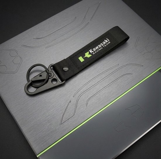 Kawasaki motor sleutelhanger dubbelzijdig Ninja Racing Team met karabijnhaak nylon zwart groen