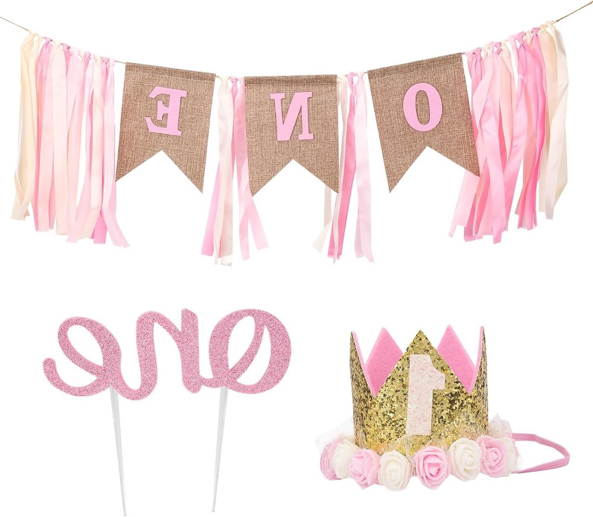 Eerste Verjaardagsdecoratie voor Meisjes, Glanzende Taarttopper, Hoofdband en Stoelbanner in Roze Bloemenprint voor Feestelijke Fotohoek en Jaarlijkse Verjaardagsviering