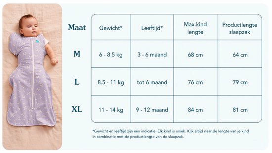 Baby liggend in een lichtpaarse Love to Dream™ slaapzak met bloemenprint, naast een maattabel.