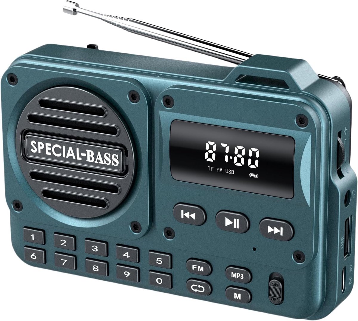 Draagbare radio - Draagbare Full Band AM/FM/SW/MW/LW Radio - Bluetooth - Digitale Stereo Speaker Speler - met LED Display - TF-kaart - 3,5MM Hoofdtelefoonaansluiting - Numeriek toetsenblok - Externe Antenne - Blauw