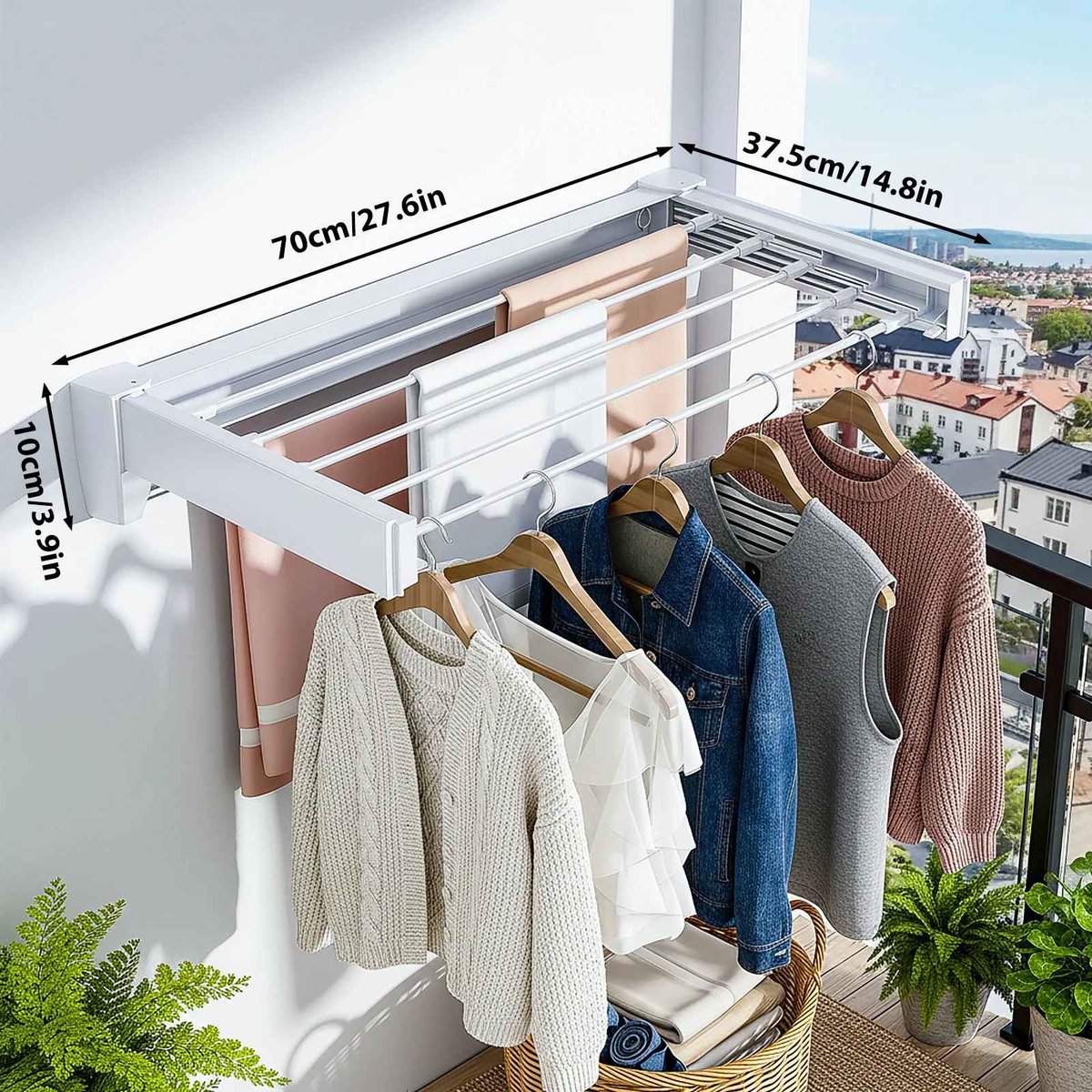 Casa Living Intrekbaar Droogrek - Ruimtebesparend Design - Met Handig Kliksysteem - Wandmontage - Aluminum - Tot 27KG - Wit