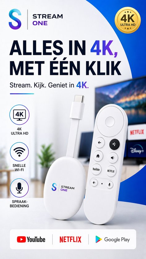 Alles in 4K met één klik. Witte Stream One mediabox en afstandsbediening met populaire streamingdiensten.