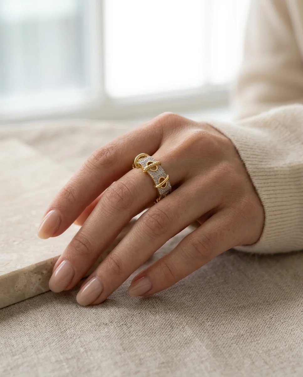 Dorvina Messing Dames Ring VIP 14K Verguld Goudkleurig Zirkonia Halkali Verstelbaar Vintage Dames Ring