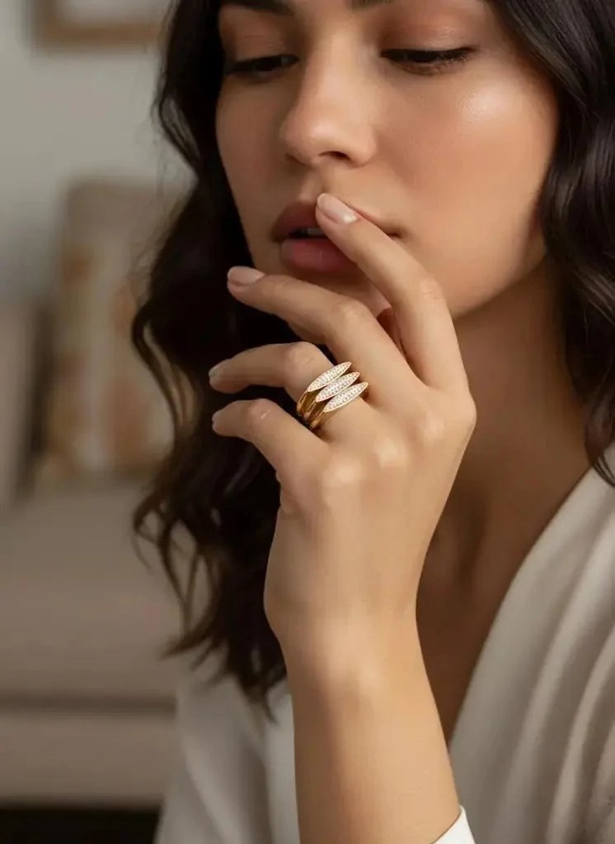 Dorvina VIP Karamaz Messing Op 14K Verguld Zirkonia Verstelbaar Tria Model Dames Ring