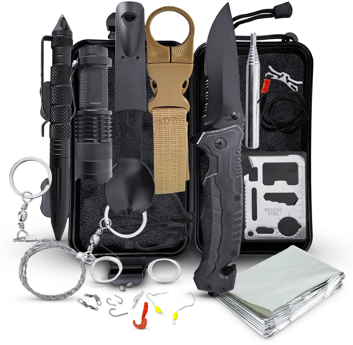 Ever Trex Survival Kit - Nooddeken - Mes - Fluit - Opbergcase Outdoor Noodpakket - Overlevingspakket - Noodkit - Set