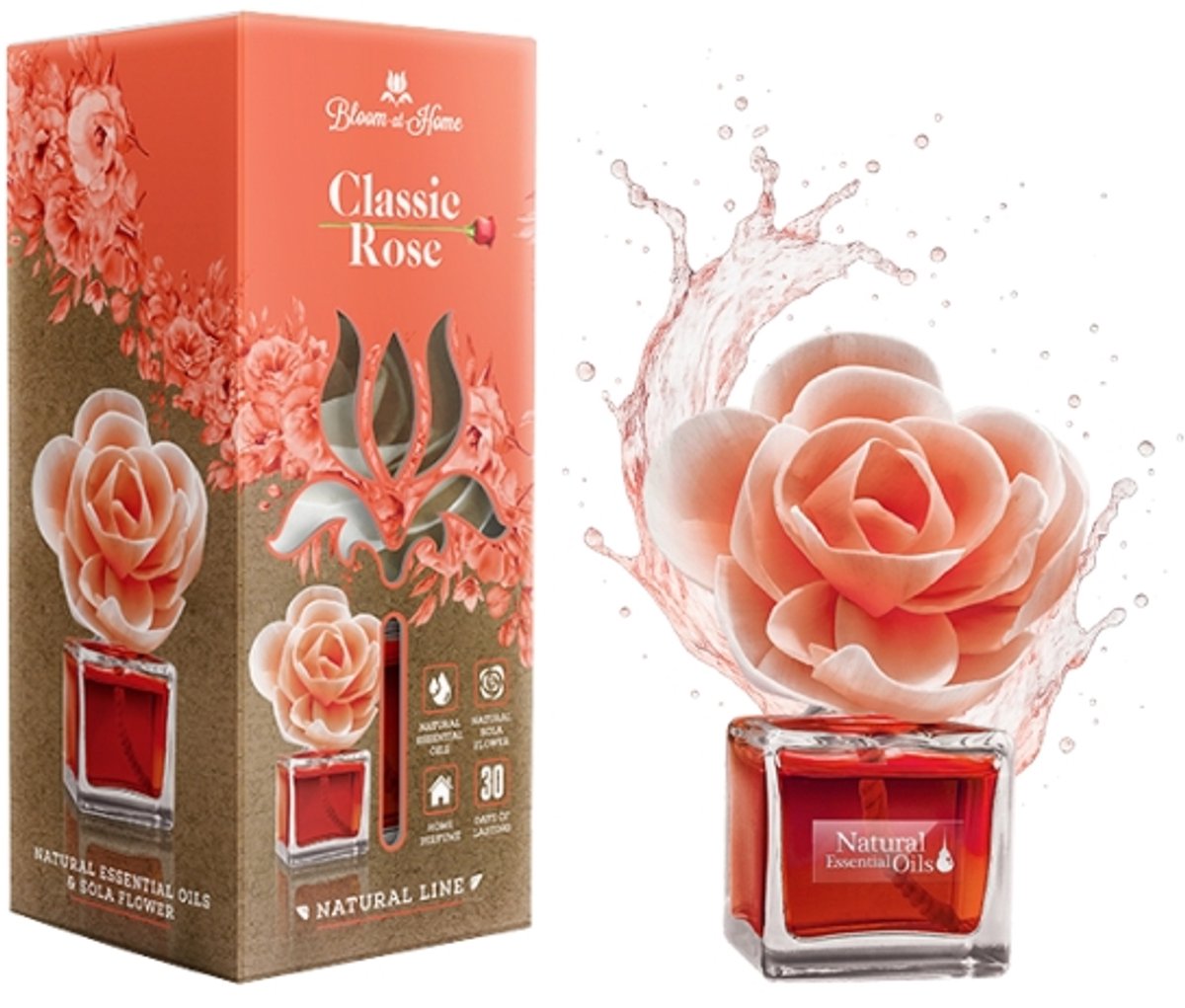 Elix - Bloom at Home Decoratieve Luchtverfrisser - Air Freshener - Geur Diffuser met Bloem - Langdurige Geur - Glas met Sola Bloem - 100ml - Classic Rose
