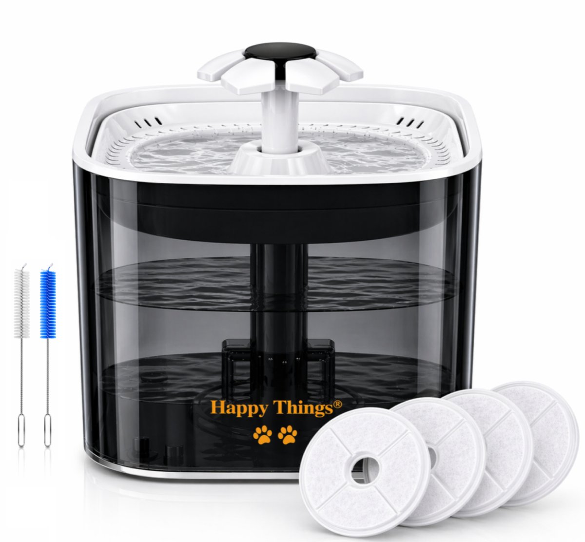 Bol.com Happy Things - Drinkfontein Hond en Kat - Geruisloos - 2.5 L - Transparant Zwart met Goud - incl 4 Filters aanbieding