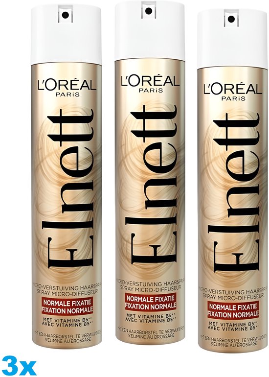 Drie L'Oréal Elnett haarlak bussen met normale fixatie, micro-diffuseur, met vitamine B5, in goudkleurige verpakking.