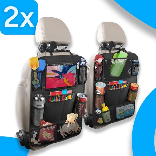 Organisateur de siège de voiture - Sac de rangement - Support universel pour tablette / iPad pour enfants sur la banquette arrière de la voiture - Livres, câbles, porte-gobelets et plus - Housse d'appui-tête - Noir (lot de 2)
