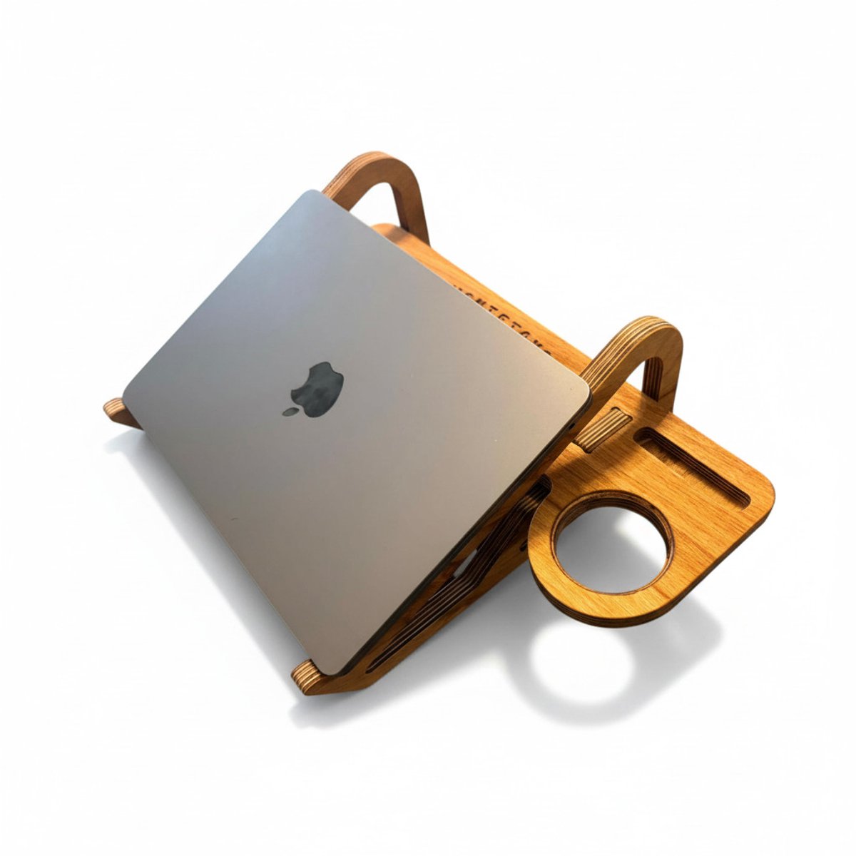 Luxe Beukenhouten Laptopstandaard | Ergonomische Laptopverhoger | Met Bekerhouder & Pennenbak | Naturel | 42x30x15 cm