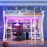 Lit mezzanine 90x200cm - avec bande lumineuse - prise - porte-vêtements - bureau - compartiment de rangement - étagère - sans matelas - blanc
