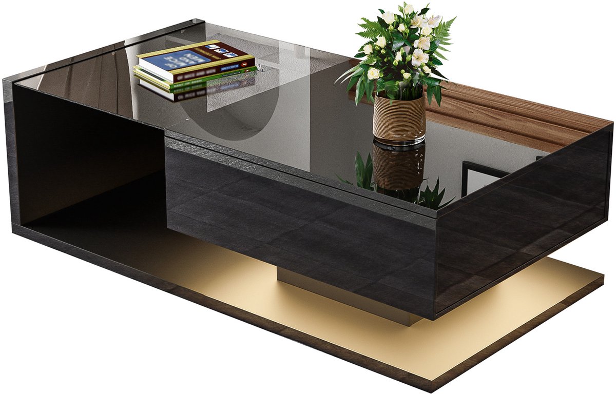 YYchan Salontafel - Gehard Glas met 16-kleuren LED Verlichting - Luxe Hoogglans Koffietafel - Opbergvak - 105 x 55 x 32.5 cm - Zwart