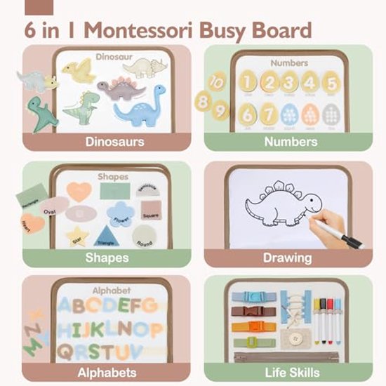 Montessori Busy Board voor peuters – Sensorisch bord met dinosaurus-thema – Educatief Busy Book – Leerspeelgoed voor peuters – Leeractiviteiten voor de kleuterschool – Reisspeelgoed voor vliegtuig en auto — afbeelding 2