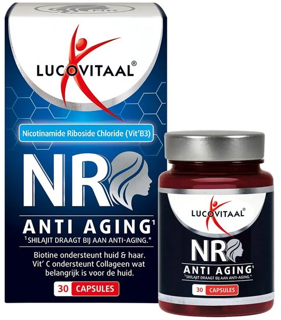 Lucovitaal NR Anti Aging capsules. Een pot met 30 capsules naast een doosje. De verpakking is donkerblauw met witte en rode details.