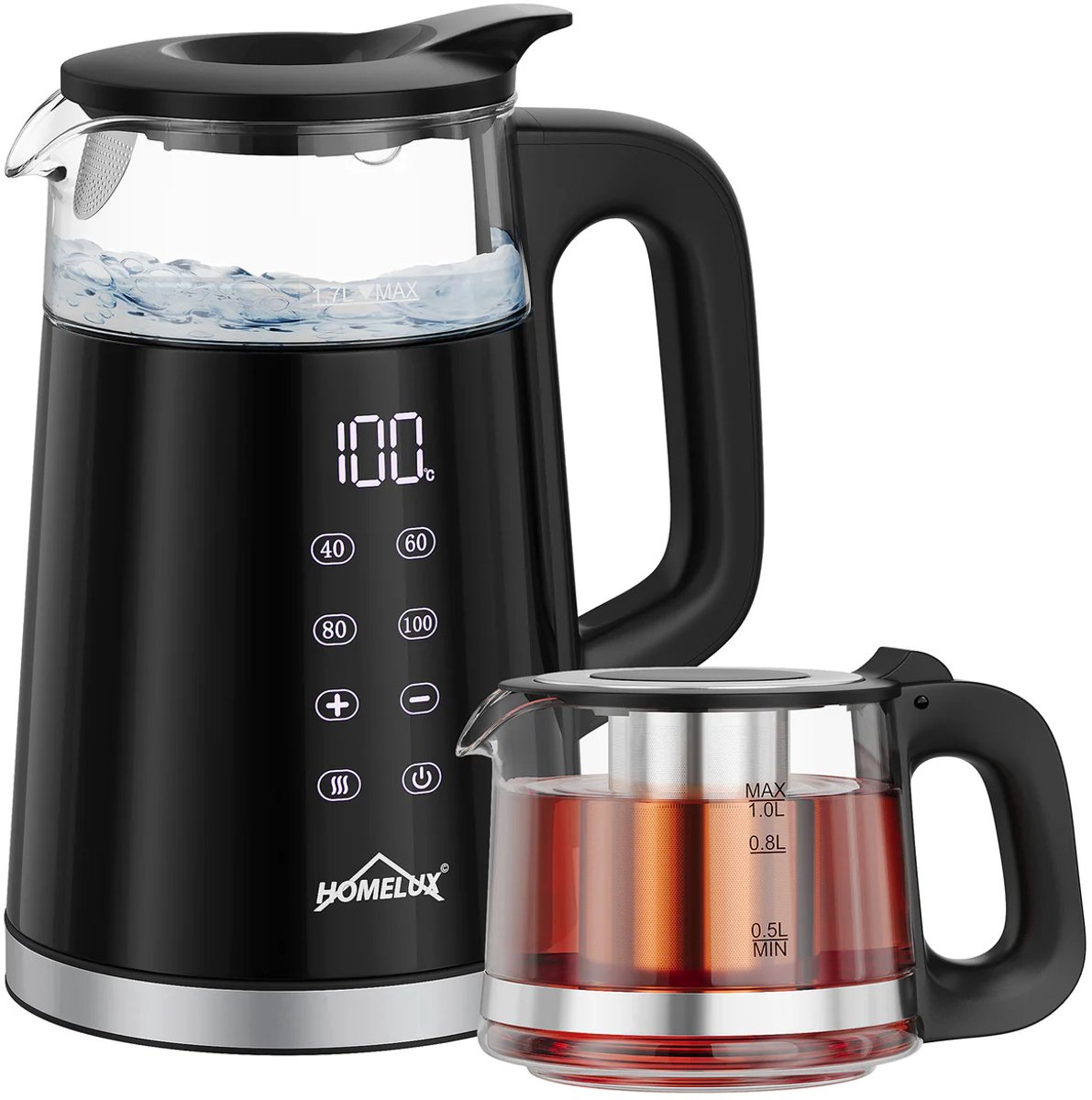 Homelux - Theepot - Caydanlik - 2200W – Elektrische Waterkoker 1,7L + 1L Theemaker met Infuser, 4 Temperatuurstanden 40-100°C, Warmhoudfunctie, Samovar BPA-vrij, RVS Filter, Stille Waterkoker, Theezetter Caymatik - Semaver - Cayci - Cay - Turkse thee — afbeelding 2
