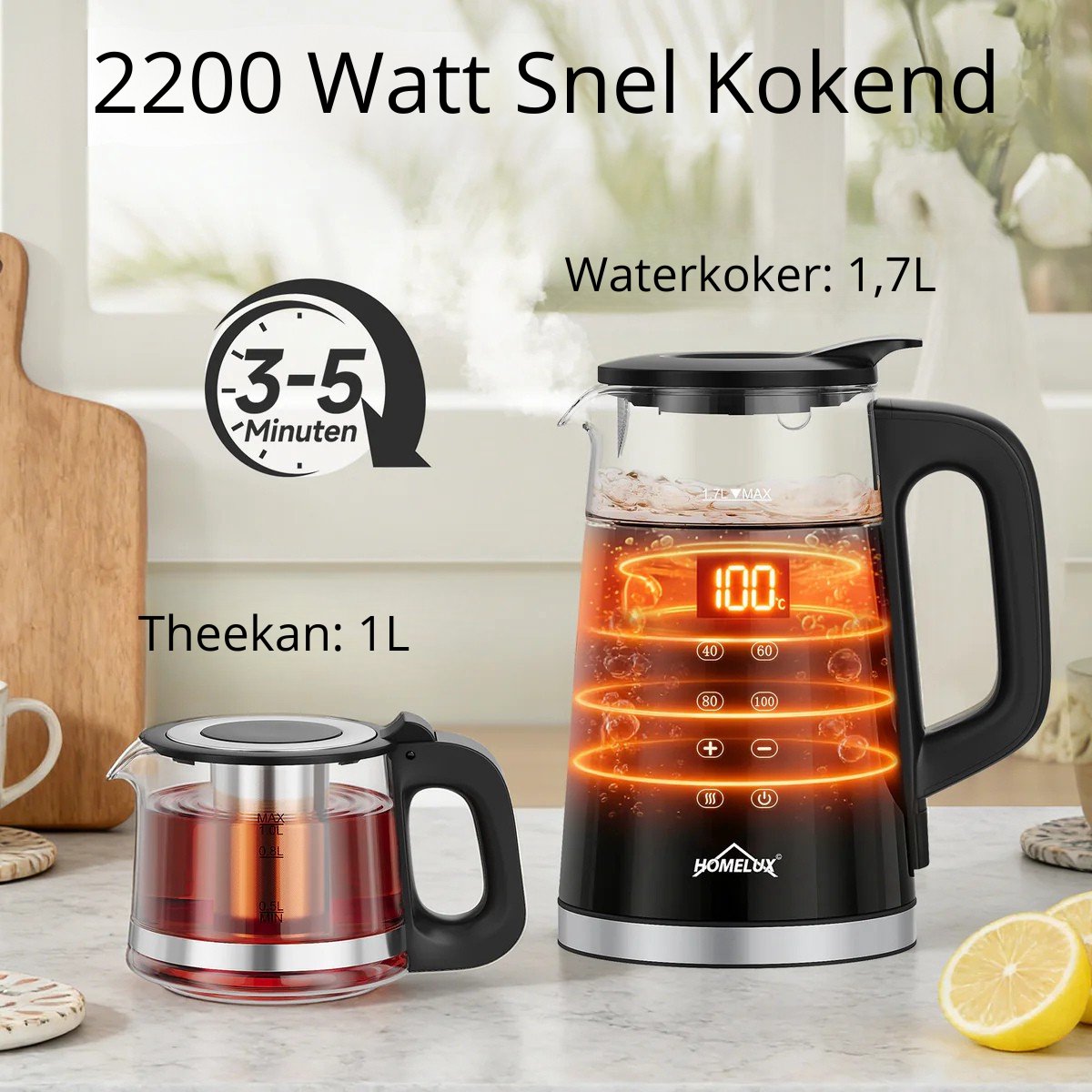 Homelux - Theepot - Caydanlik - 2200W – Elektrische Waterkoker 1,7L + 1L Theemaker met Infuser, 4 Temperatuurstanden 40-100°C, Warmhoudfunctie, Samovar BPA-vrij, RVS Filter, Stille Waterkoker, Theezetter Caymatik - Semaver - Cayci - Cay - Turkse thee — afbeelding 5