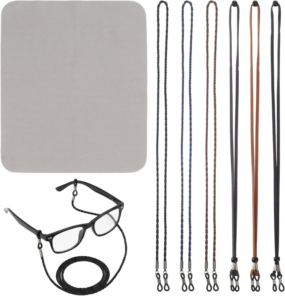 Verstelbare lederen brillenbanden, 6 stuks, universele brillenkoorden met microvezeldoek, ideaal voor sportbrillen en zonnebrillen, meerkleurige lanyards