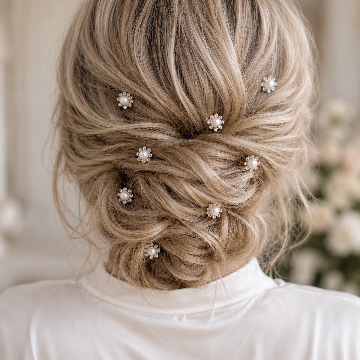 Haar in Stijl® Lulu Serie - set van 20 parel/kristal bloem haarpinnen zilver