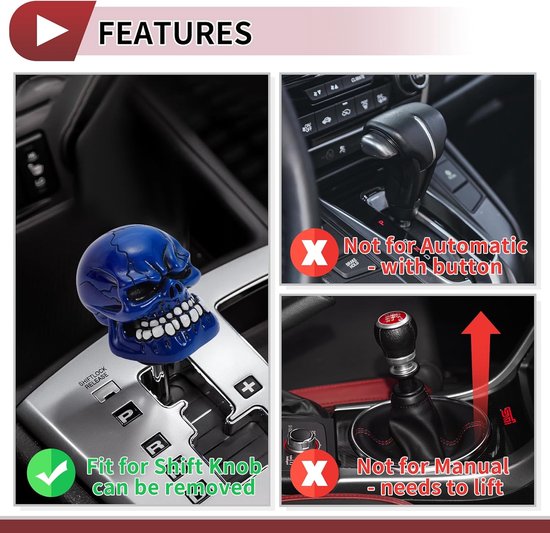 Schedel Versnellingspook Knop - Hars Pookknop - Auto Interieur Personaliseren - Universele Pasvorm met Adapters - 7cm Hoogte - Blauw — afbeelding 4