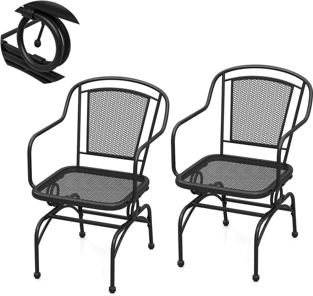 KOMFOTTEU Set van 2 Tuinstoelen, Outdoor Stoel, 15° Hellingshoek, Schommelstoelen met verstelbare poten, voor Terras, Balkon, Zwart