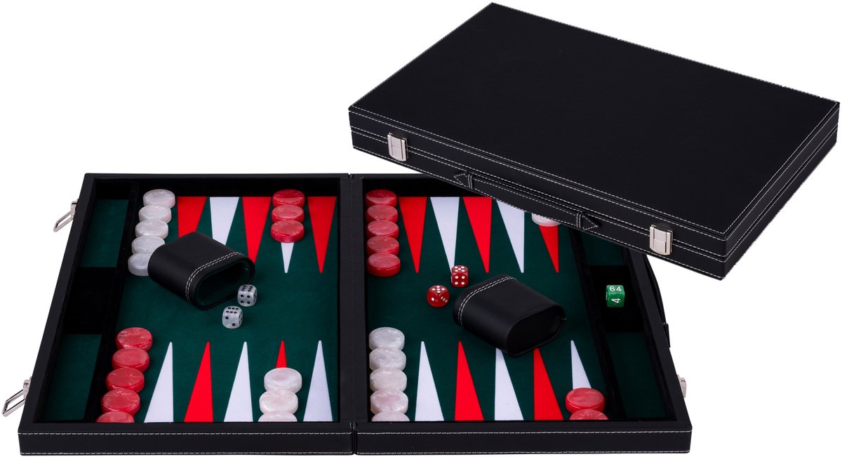 Backgammon 15 inch - Groen, Rood & Wit Ingelegd Bord - Luxe Kunststof Koffer met Handvat - Engelhart