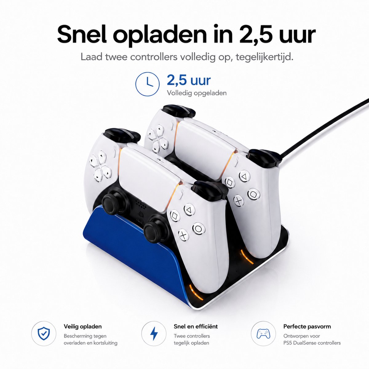 Sounix Oplaadstation geschikt voor PS5 / PS5 Slim / PS5 PRO / DualSense Controller - PS5 accessoires - Dual Oplader - Charging Dock - Blauw – foto 4