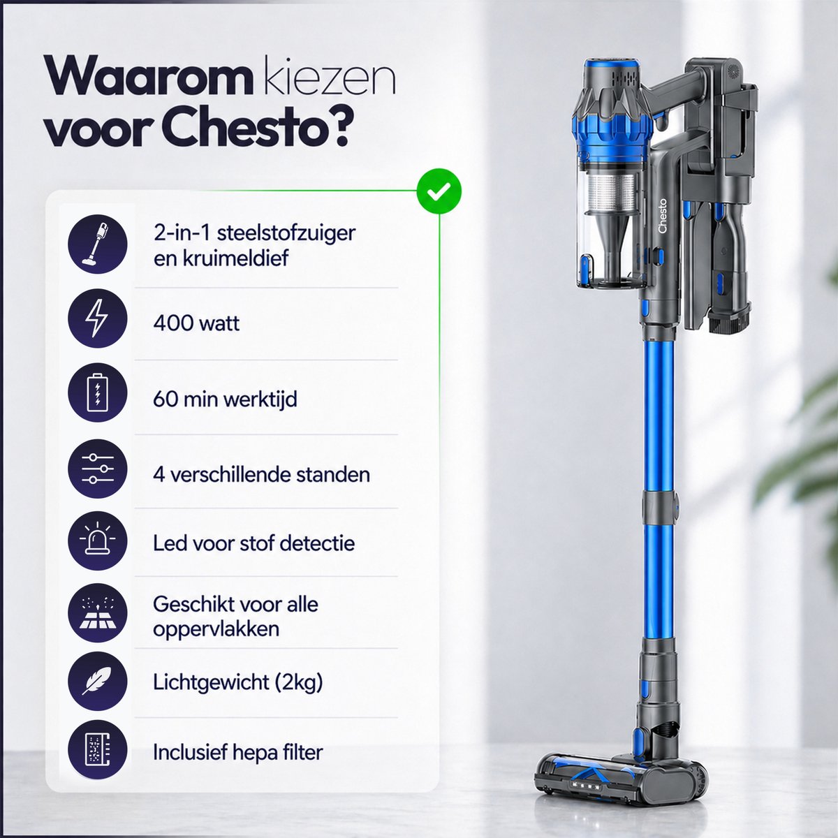 Chesto T1 Steelstofzuiger Draadloos 300W - 35.000 Pa - afbeelding 2